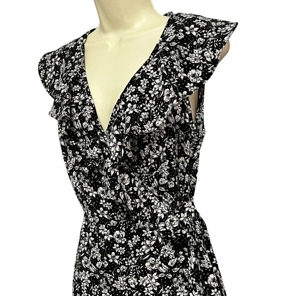 Max Studio Wrap Dress Womens Small Black Floral Dot Ruffle High Low Cottagecore - Picture 3 of 14